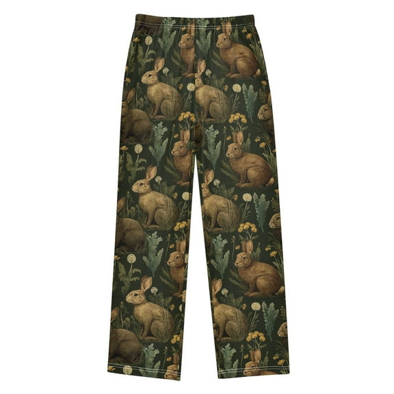 FORMRS Kids Pajama Pants with Pockets Size 11-12Y Boys Lounge Sleep Bottoms, Brown Floral Rabbits Pattern