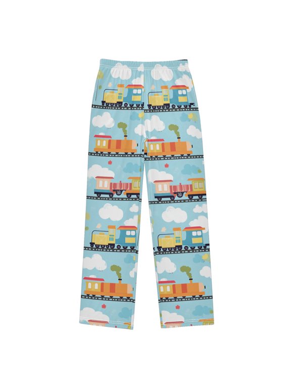 Kids Pajama Pants with Pockets Size 11-12Y Boys Lounge Sleep Bottoms, Cartoon Train Pattern