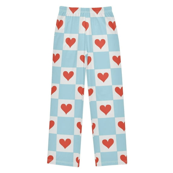FORMRS Kids Pajama Pants with Pockets Size 11-12Y Boys Lounge Sleep Bottoms, Light Blue Checkered Heart