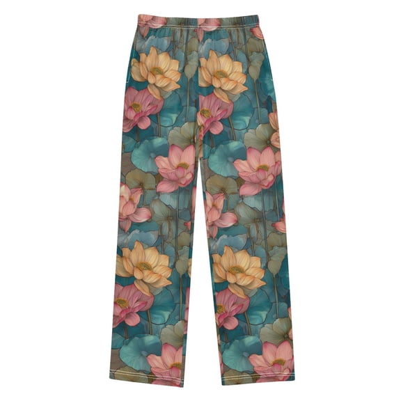 FORMRS Kids Pajama Pants with Pockets Size 11-12Y Boys Lounge Sleep Bottoms, Pink Water Lilies Pattern