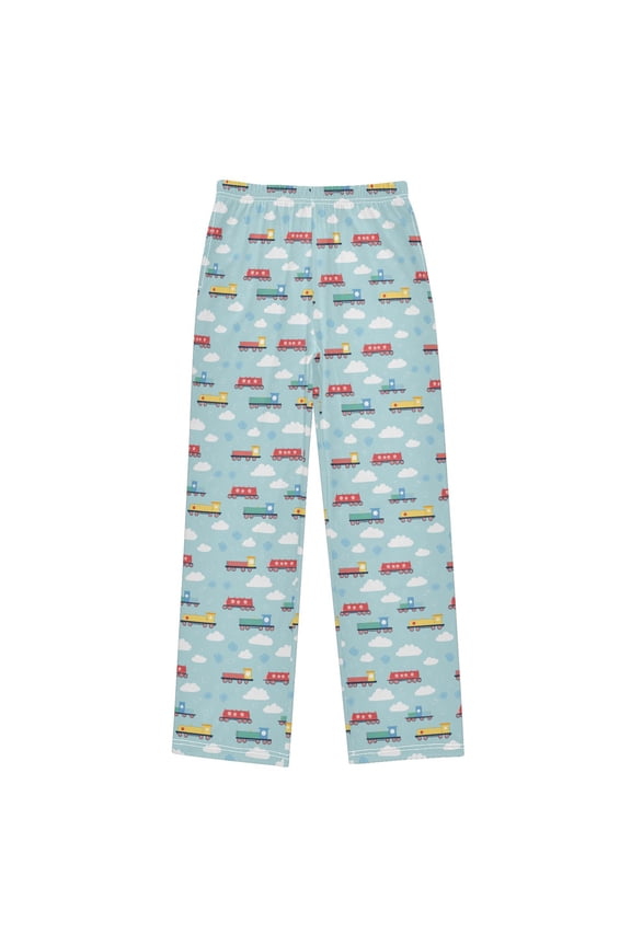 Kids Pajama Pants with Pockets Size 13-14Y Boys Lounge Sleep Bottoms, Blue Trains Pattern
