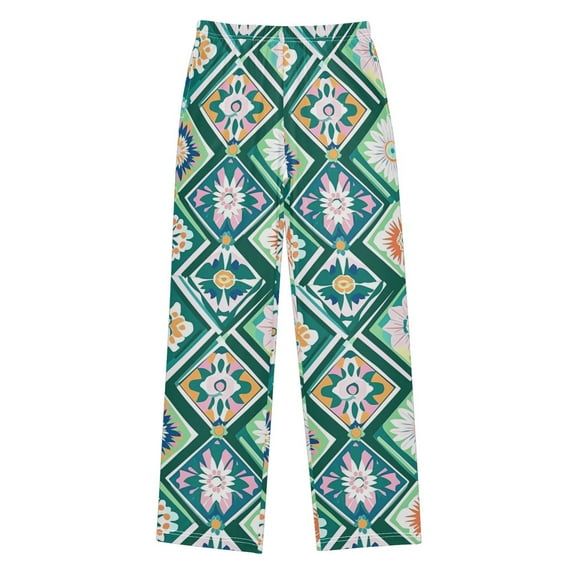 FORMRS Kids Pajama Pants with Pockets Size 13-14Y Boys Lounge Sleep Bottoms, Green Geometric Flowers