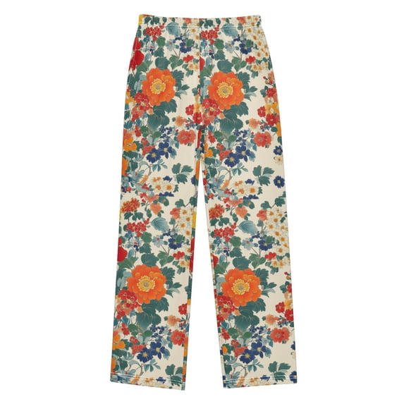 FORMRS Kids Pajama Pants with Pockets Size 13-14Y Boys Lounge Sleep Bottoms, Orange Japanese Flowers Pattern