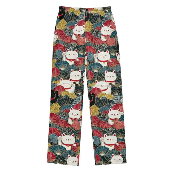 FORMRS Kids Pajama Pants with Pockets Size 6-8Y Boys Lounge Sleep Bottoms, Black Lucky Cat