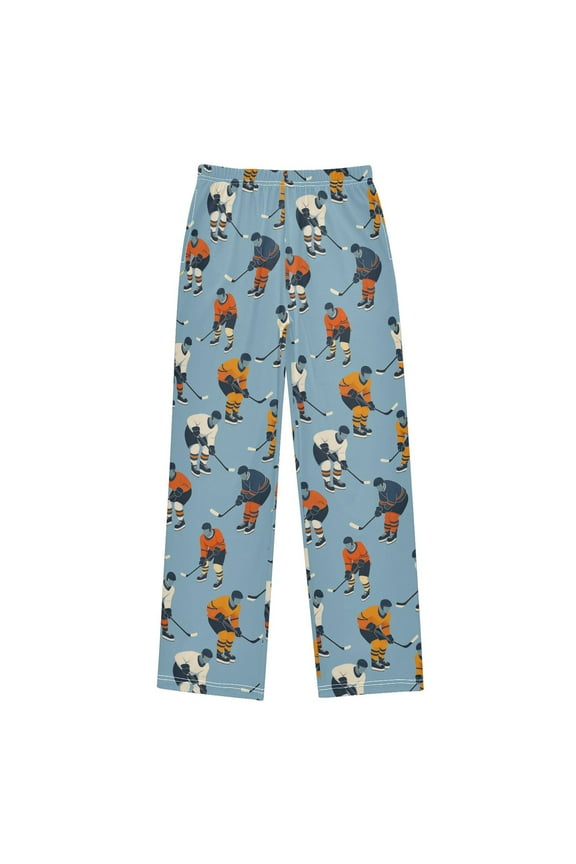 Kids Pajama Pants with Pockets Size 6-8Y Boys Lounge Sleep Bottoms, Blue Hockey Pattern