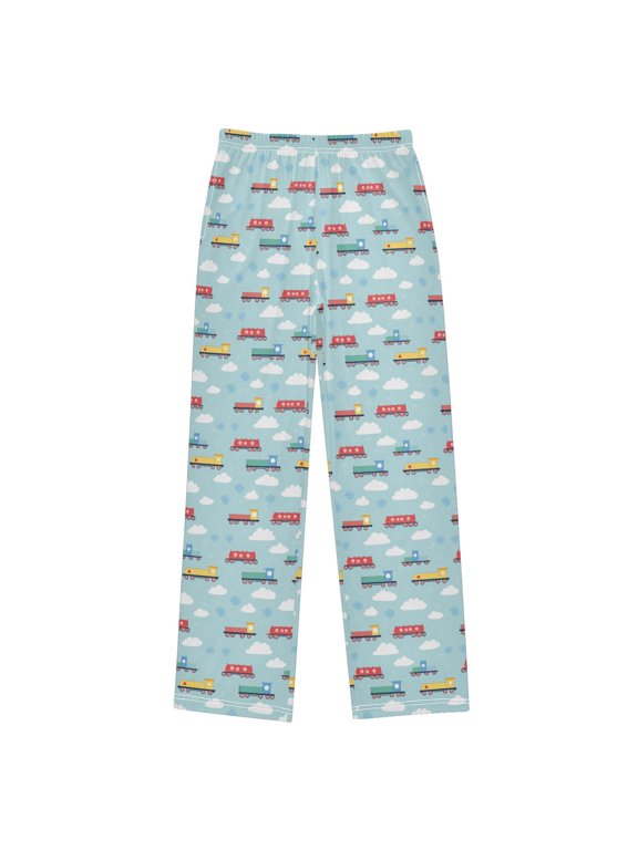 Kids Pajama Pants with Pockets Size 6-8Y Boys Lounge Sleep Bottoms, Blue Trains Pattern