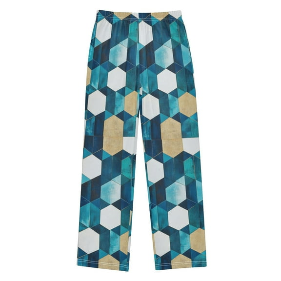 FORMRS Kids Pajama Pants with Pockets Size 6-8Y Boys Lounge Sleep Bottoms, Blue White Geometric Patterns