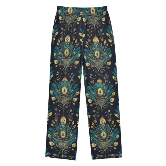 FORMRS Kids Pajama Pants with Pockets Size 6-8Y Boys Lounge Sleep Bottoms, Gold Peacock Pattern