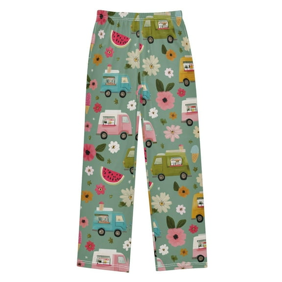 FORMRS Kids Pajama Pants with Pockets Size 6-8Y Boys Lounge Sleep Bottoms, Green Cartoon Trucks Pattern