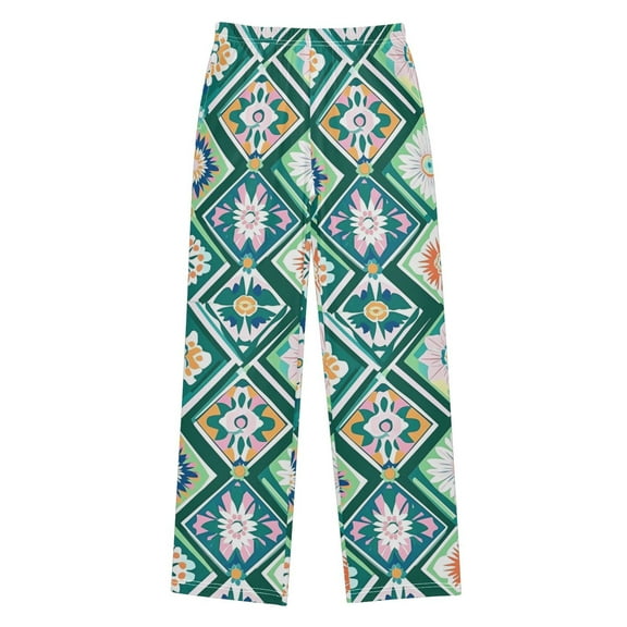 FORMRS Kids Pajama Pants with Pockets Size 6-8Y Boys Lounge Sleep Bottoms, Green Geometric Flowers