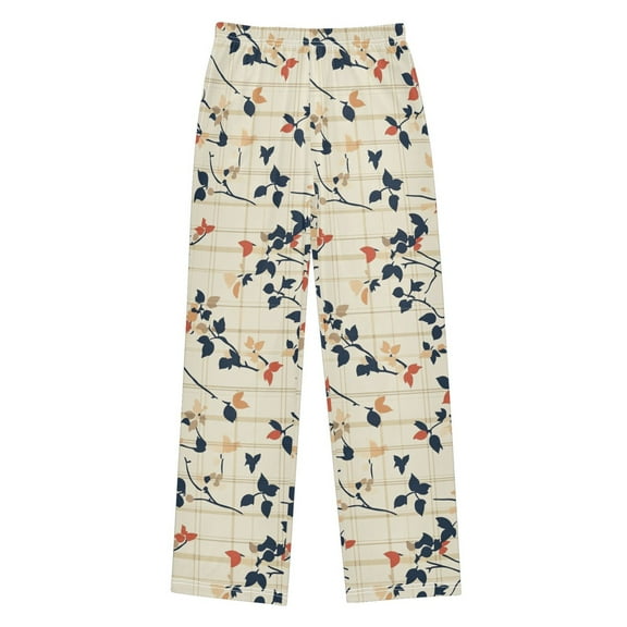 FORMRS Kids Pajama Pants with Pockets Size 9-10Y Boys Lounge Sleep Bottoms, Beige Leaves Plaid