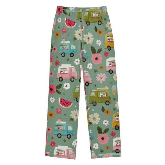 FORMRS Kids Pajama Pants with Pockets Size 9-10Y Boys Lounge Sleep Bottoms, Green Cartoon Trucks Pattern