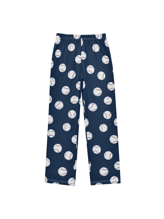 Kids Pajama Pants with Pockets Size 9-10Y Boys Lounge Sleep Bottoms, Navy Blue Baseball Pattern