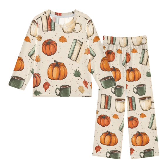FORMRS Kids Pajama Set Fleece Long Sleeve Top Relaxed-Fit Pants Lounge Sleepwear, Sizes 3T-11Y, Beige Fall Coffee