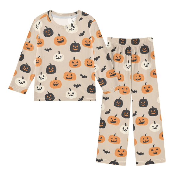 FORMRS Kids Pajama Set Fleece Long Sleeve Top Relaxed-Fit Pants Lounge Sleepwear, Sizes 3T-11Y, Beige Halloween Pumpkin
