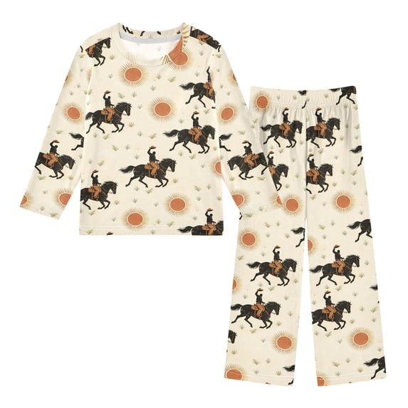 FORMRS Kids Pajama Set Fleece Long Sleeve Top Relaxed-Fit Pants Lounge Sleepwear, Sizes 3T-11Y, Beige Horses Field Pattern