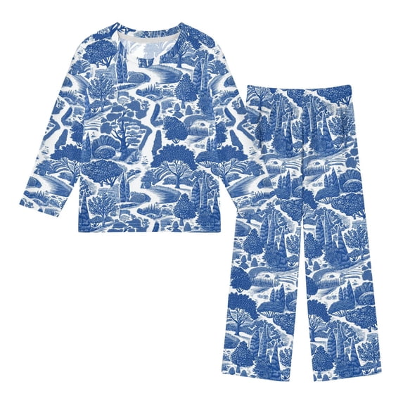 FORMRS Kids Pajama Set Fleece Long Sleeve Top Relaxed-Fit Pants Lounge Sleepwear, Sizes 3T-11Y, Blue Garden Pattern