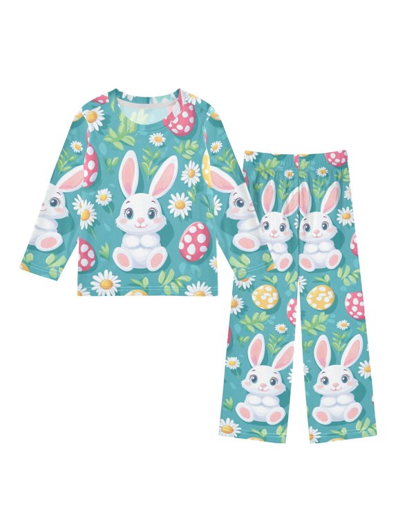 Kids Pajama Set Fleece Long Sleeve Top Relaxed-Fit Pants Lounge Sleepwear, Sizes 3T-11Y, Cartoon Easter Bunny