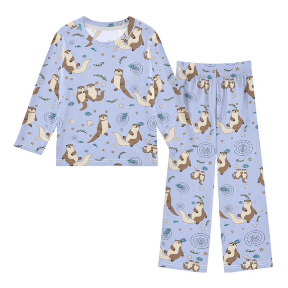 FORMRS Kids Pajama Set Fleece Long Sleeve Top Relaxed-Fit Pants Lounge Sleepwear, Sizes 3T-11Y, Cartoon Otters Pattern