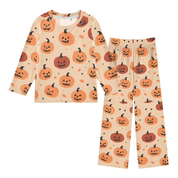 FORMRS Kids Pajama Set Fleece Long Sleeve Top Relaxed-Fit Pants Lounge Sleepwear, Sizes 3T-11Y, Colorful Halloween Pumpkin Pattern