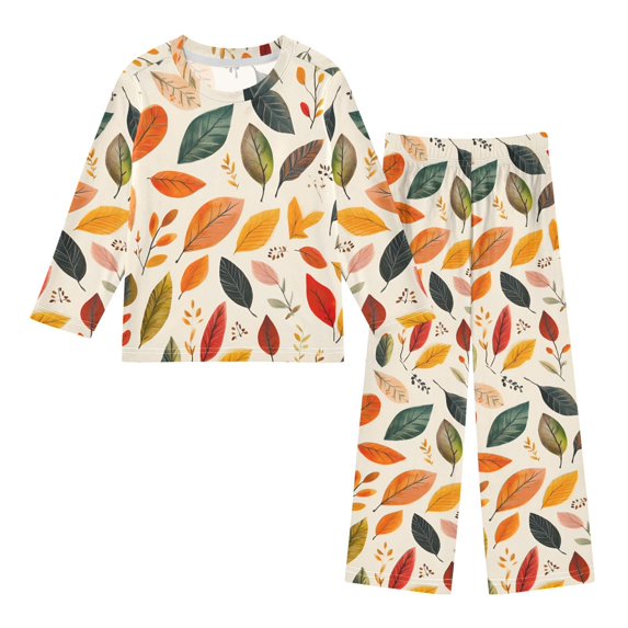 FORMRS Kids Pajama Set Fleece Long Sleeve Top Relaxed-Fit Pants Lounge Sleepwear, Sizes 3T-11Y, Colorful Leaves