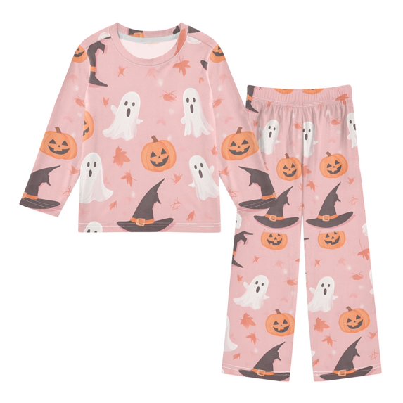 FORMRS Kids Pajama Set Fleece Long Sleeve Top Relaxed-Fit Pants Lounge Sleepwear, Sizes 3T-11Y, Cute Pink Halloween