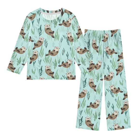 FORMRS Kids Pajama Set Fleece Long Sleeve Top Relaxed-Fit Pants Lounge Sleepwear, Sizes 3T-11Y, Green Otters Pattern