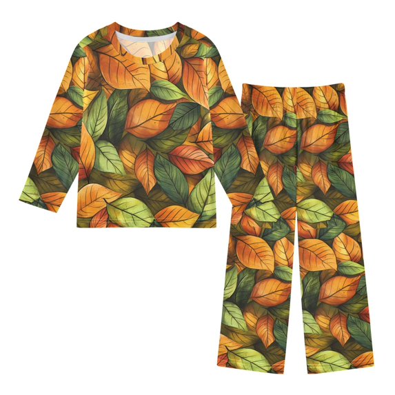 FORMRS Kids Pajama Set Fleece Long Sleeve Top Relaxed-Fit Pants Lounge Sleepwear, Sizes 3T-11Y, Green Retro Leaves