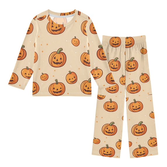 FORMRS Kids Pajama Set Fleece Long Sleeve Top Relaxed-Fit Pants Lounge Sleepwear, Sizes 3T-11Y, Halloween Pumpkins Pattern