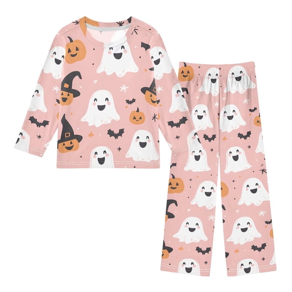 FORMRS Kids Pajama Set Fleece Long Sleeve Top Relaxed-Fit Pants Lounge Sleepwear, Sizes 3T-11Y, Pastel Pink Halloween