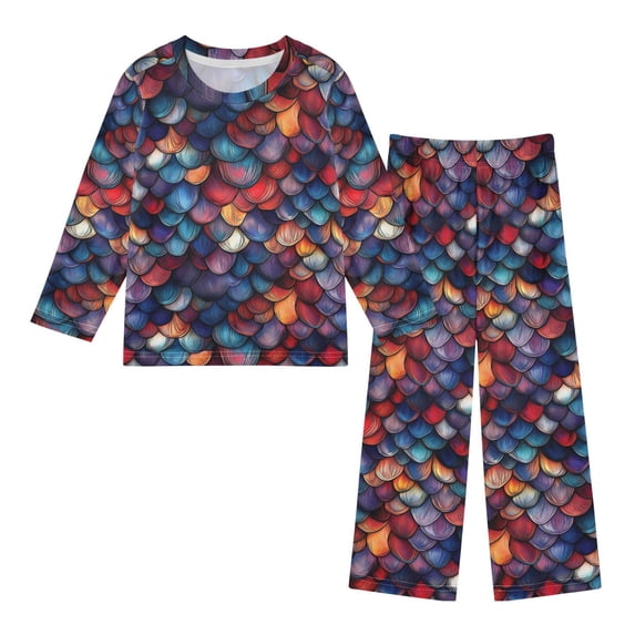 FORMRS Kids Pajama Set Fleece Long Sleeve Top Relaxed-Fit Pants Lounge Sleepwear, Sizes 3T-11Y, Purple Dragon Scales Pattern