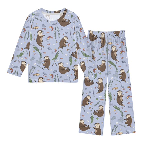 FORMRS Kids Pajama Set Fleece Long Sleeve Top Relaxed-Fit Pants Lounge Sleepwear, Sizes 3T-11Y, Purple Otters Pattern