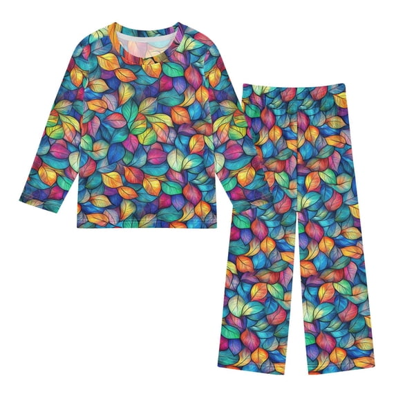 FORMRS Kids Pajama Set Fleece Long Sleeve Top Relaxed-Fit Pants Lounge Sleepwear, Sizes 3T-11Y, Vibrant Art Leaves Pattern