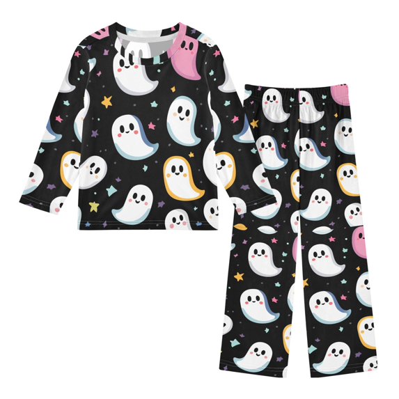 FORMRS Kids Pajama Set Fleece Long Sleeve Top Relaxed-Fit Pants Lounge Sleepwear, Sizes 3T-11Y, White Halloween Ghost