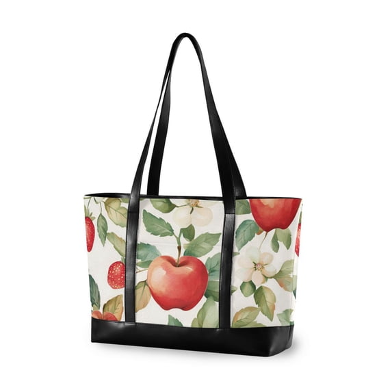 FORMRS Canvas Laptop Tote Bag for Women with 15.6" Computer Compartments Shoulder Handbag, Beige Apple Pattern