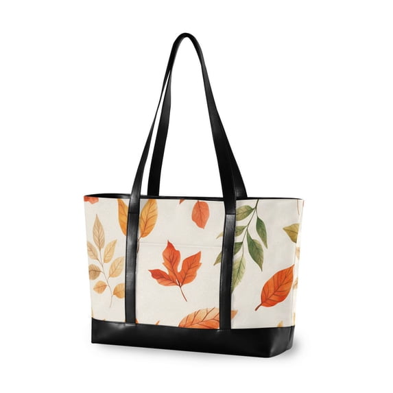 FORMRS Canvas Laptop Tote Bag for Women with 15.6" Computer Compartments Shoulder Handbag, Beige Autumn Leaves