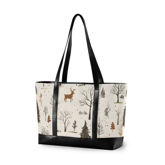 FORMRS Canvas Laptop Tote Bag for Women with 15.6" Computer Compartments Shoulder Handbag, Beige Christmas Forest