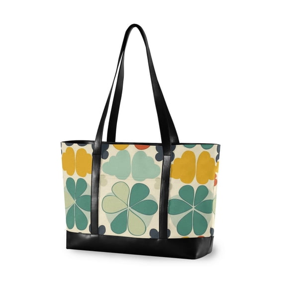 FORMRS Canvas Laptop Tote Bag for Women with 15.6" Computer Compartments Shoulder Handbag, Beige Clover Pattern