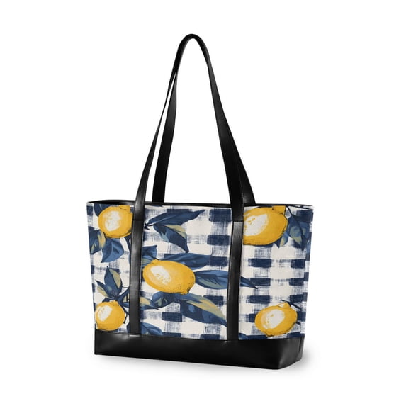 FORMRS Canvas Laptop Tote Bag for Women with 15.6" Computer Compartments Shoulder Handbag, Beige Plaid Lemon