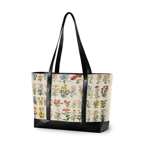 FORMRS Canvas Laptop Tote Bag for Women with 15.6" Computer Compartments Shoulder Handbag, Beige Wildflowers