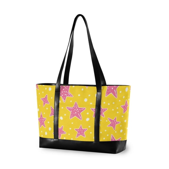 FORMRS Canvas Laptop Tote Bag for Women with 15.6" Computer Compartments Shoulder Handbag, Big Pink Stars Pattern