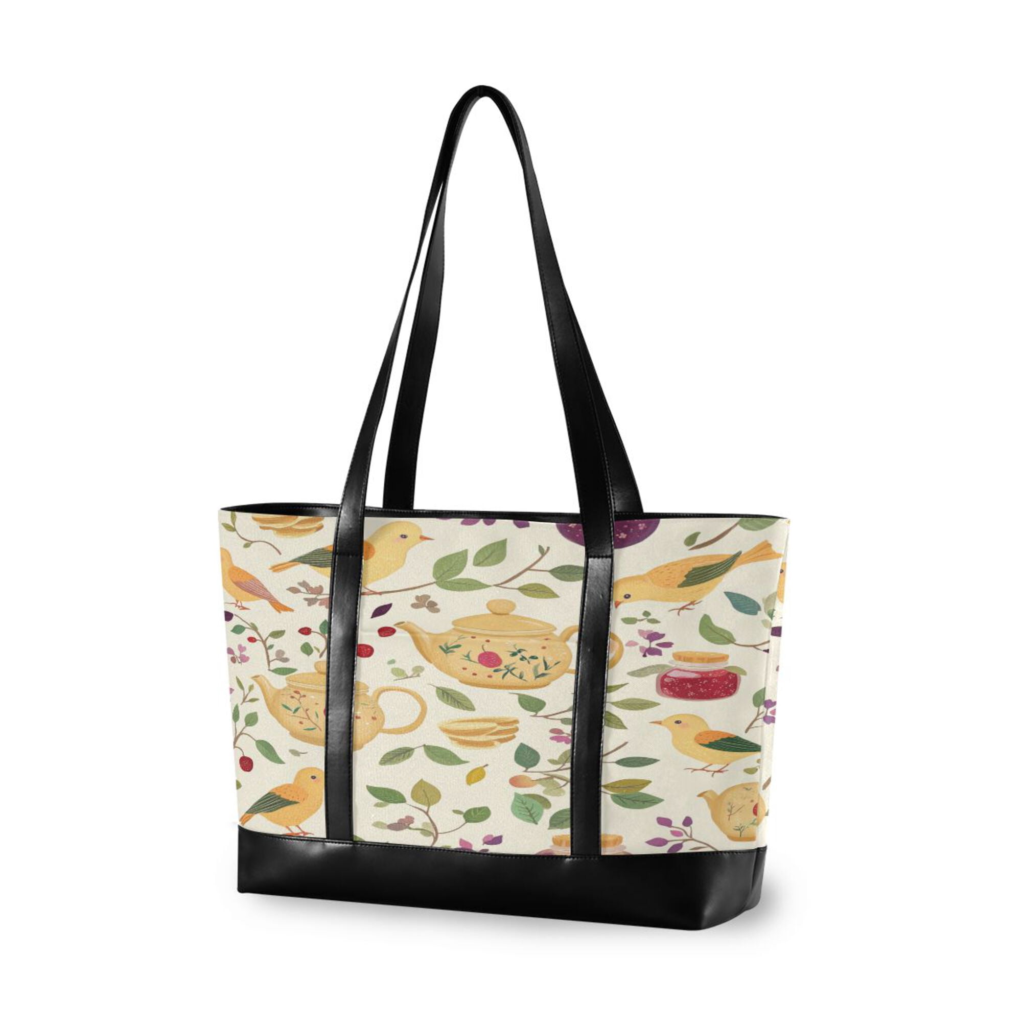 FORMRS Canvas Laptop Tote Bag for Women with 15.6" Computer Compartments Shoulder Handbag, Birds Tea Time