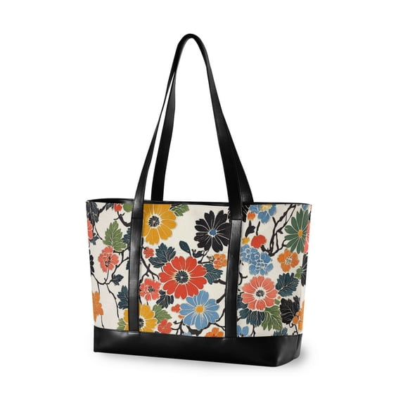 FORMRS Canvas Laptop Tote Bag for Women with 15.6" Computer Compartments Shoulder Handbag, Black Flowers Pattern