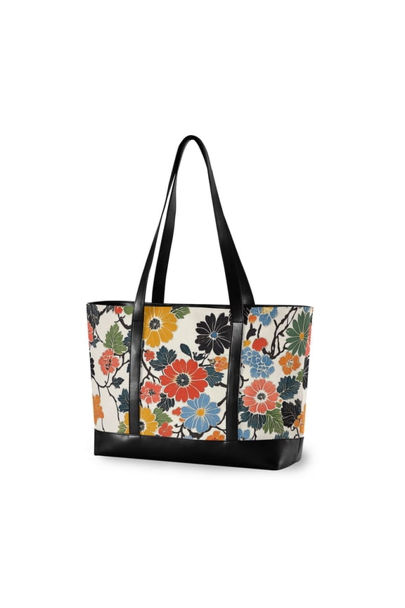 Laptop Tote Bag for Women with 15.6" Computer Compartments Handbag, Black Flowers Pattern