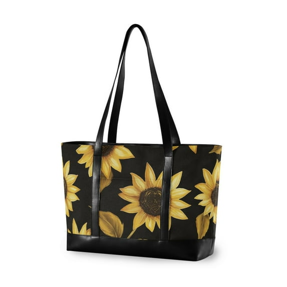 FORMRS Laptop Tote Bag for Women with 15.6" Computer Compartments Handbag, Black Sunflower Pattern