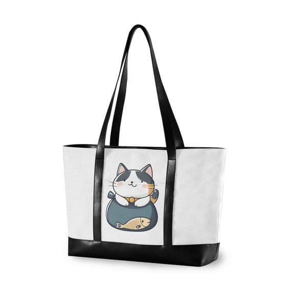 FORMRS Canvas Laptop Tote Bag for Women with 15.6" Computer Compartments Shoulder Handbag, Blue Cute Cat