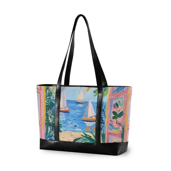 FORMRS Canvas Laptop Tote Bag for Women with 15.6" Computer Compartments Shoulder Handbag, Blue Seaside