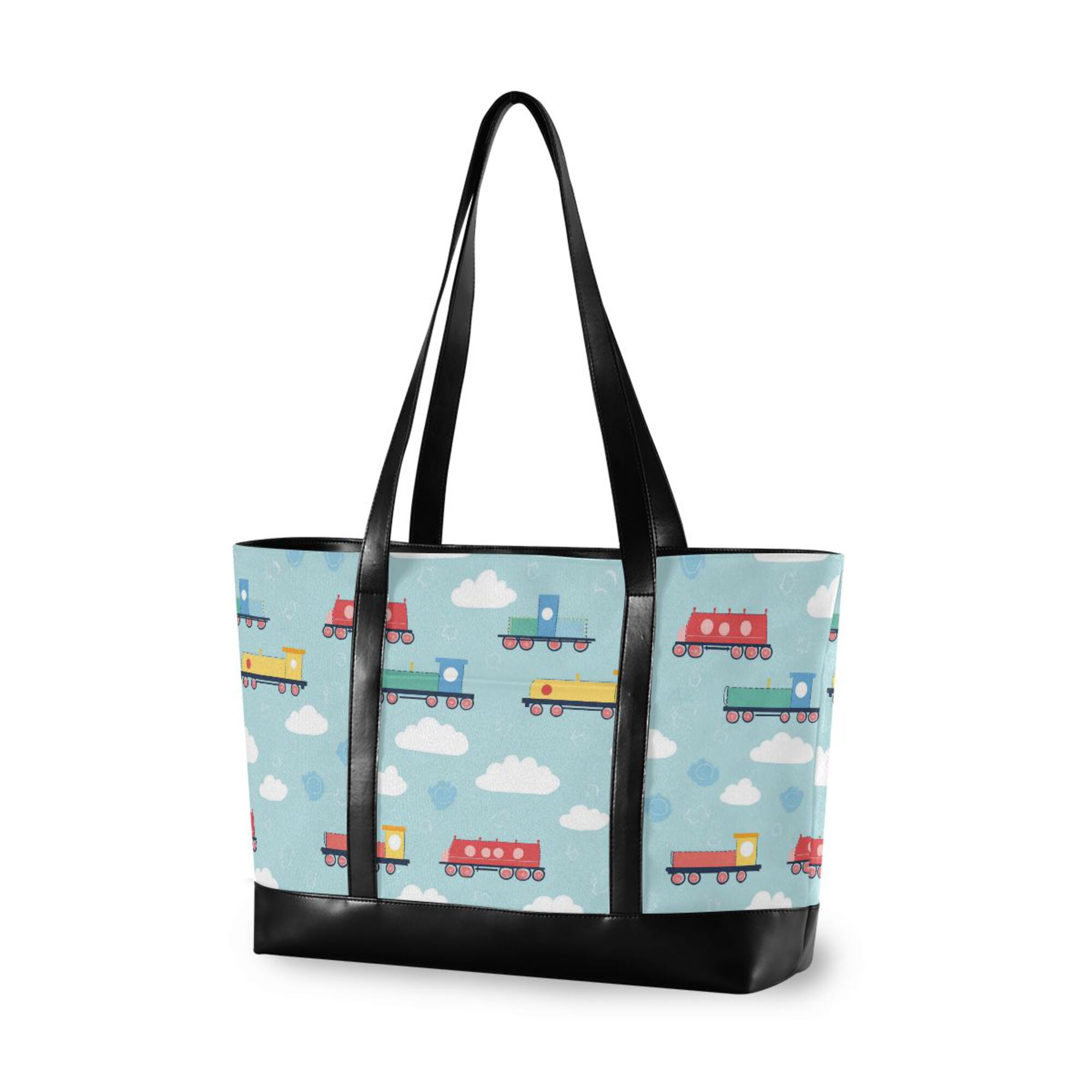 FORMRS Canvas Laptop Tote Bag for Women with 15.6" Computer Compartments Shoulder Handbag, Blue Trains Pattern