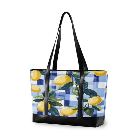 FORMRS Canvas Laptop Tote Bag for Women with 15.6" Computer Compartments Shoulder Handbag, Cartoon Lemon Leaves