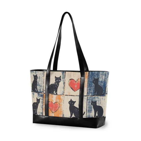 FORMRS Canvas Laptop Tote Bag for Women with 15.6" Computer Compartments Shoulder Handbag, Cats and Hearts